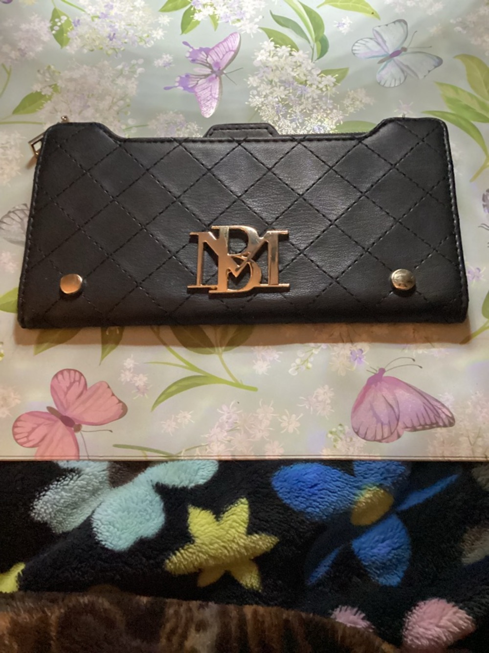 Badgley Mischka Black Quilted Wallet Clutch with Gold Logo